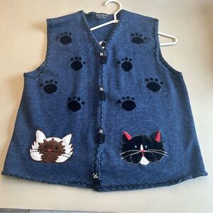 Cottagecore Rainbow Bridge Blue Vintage Knit Blue Sweater Vest with cats M-L